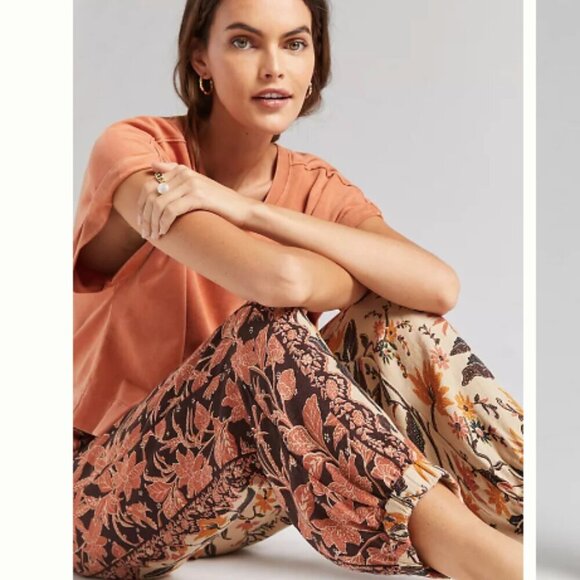 Anthropologie Smocked Balloon Leg Neutral Floral Mixed Print Pants - Picture 3 of 9